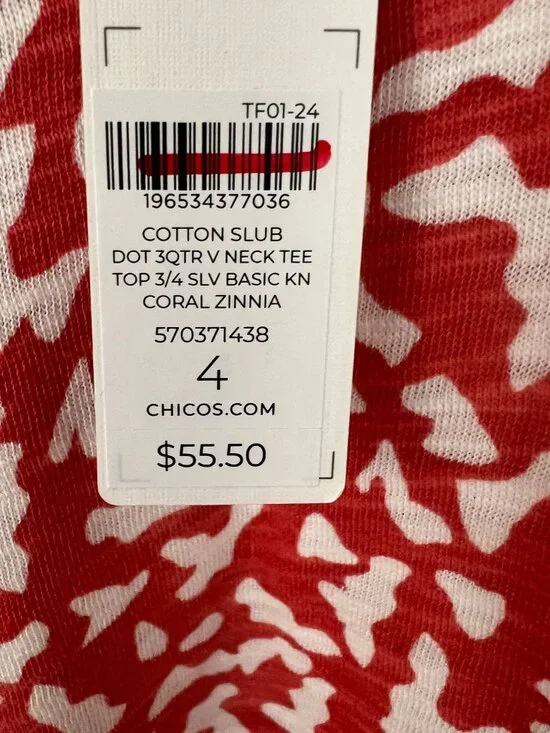 Chico's Size 4 (XXL) Slub Dot V-Neck Tee 3/4 Sleeve Coral Zinnia NWT Basic Knit - Picture 4 of 7